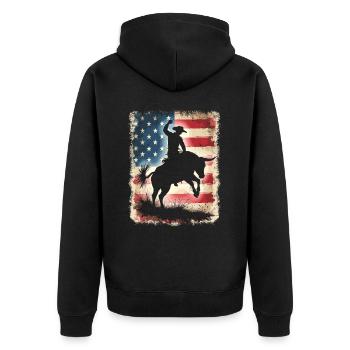 Rodeo, Cowboy, Western, Bulle, Stier, USA Flagge - Unisex Premium Bio Zip Hoodie - Schwarz - Hinten - Nico (187cm)