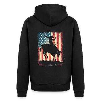 Rodeo, Cowboy, Western, Bulle, Stier, USA Flagge - Unisex Premium Bio Zip Hoodie - Schwarz - Hinten - Nico (187cm)
