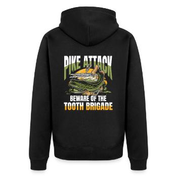 Pike of the Tooth Brigade für eine Anglerin - Unisex Premium Bio Zip Hoodie - Schwarz - Hinten - Nico (187cm)