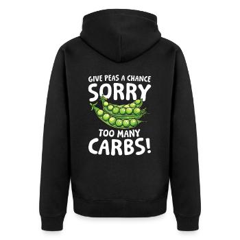 Give Peas a Chance Sorry Too Many Carbs für einen - Unisex Premium Bio Zip Hoodie - Schwarz - Hinten - Nico (187cm)