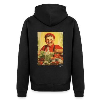 Vintage Propaganda: Junge isst gesundes Essen - Unisex Premium Bio Zip Hoodie - Schwarz - Hinten - Nico (187cm)