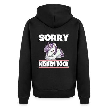 Sorry Keinen Bock Einhorn - Unisex Premium Bio Zip Hoodie - Schwarz - Hinten - Nico (187cm)