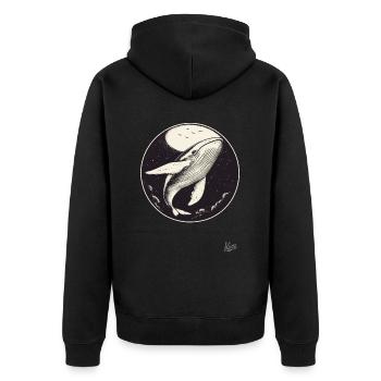 Blauer Wal im Himmel mit Mond und Sternen - Unisex Premium Bio Zip Hoodie - Schwarz - Hinten - Nico (187cm)