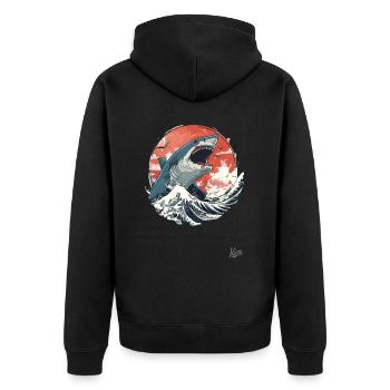 Weißer Hai auf weißen Wellen - Unisex Premium Bio Zip Hoodie - Schwarz - Hinten - Nico (187cm)