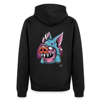Lustiger Quasi-Modo: Das Cartoon-Schwein von Notre - Unisex Premium Bio Zip Hoodie - Schwarz - Hinten - Nico (187cm)