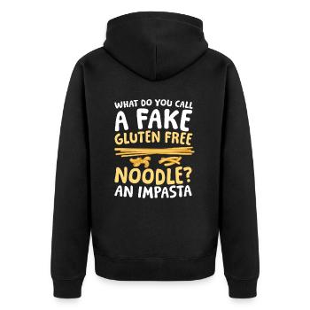 Fake gluten freenoodle An Impasta - Unisex Premium Bio Zip Hoodie - Schwarz - Hinten - Nico (187cm)