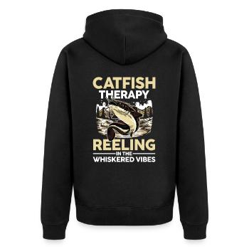 Catfish Therapy Reeling In The Whiskerde Vibes - Unisex Premium Bio Zip Hoodie - Schwarz - Hinten - Nico (187cm)