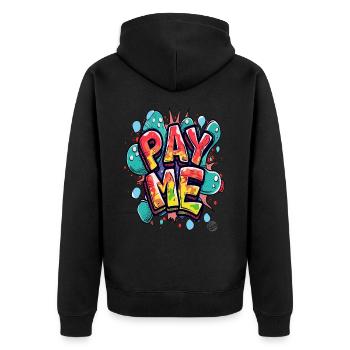 Auffälliges buntes Design: Bezahle mich! - Unisex Premium Bio Zip Hoodie - Schwarz - Hinten - Nico (187cm)