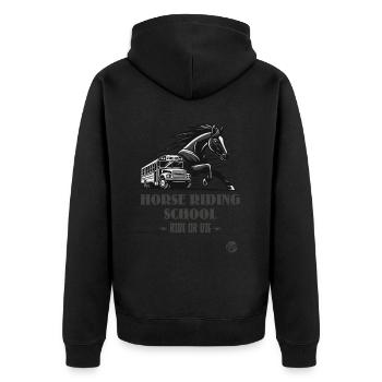Reitschule "Reite oder Stirb", ein Pferde-Motiv - Unisex Premium Bio Zip Hoodie - Schwarz - Hinten - Nico (187cm)