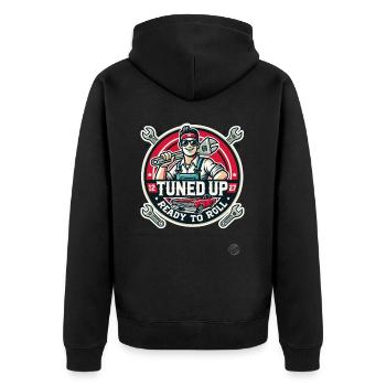 Voll getunt und aufgemotzt , Automechaniker Tuner - Unisex Premium Bio Zip Hoodie - Schwarz - Hinten - Nico (187cm)