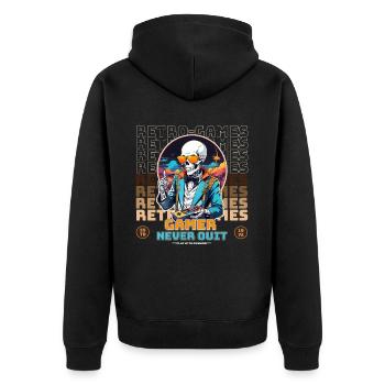 Retro Gamer Never Quit Skelett Design - Unisex Premium Bio Zip Hoodie - Schwarz - Hinten - Nico (187cm)