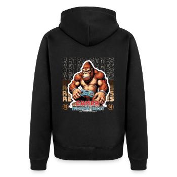 Retro Gamer Never Quit Monkey with Controller - Unisex Premium Organic Zip Hoodie - black - Back - Nico (187cm)