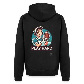 Retro Cartoon Hausfrau spielt American Football - Unisex Premium Bio Zip Hoodie - Schwarz - Hinten - Nico (187cm)