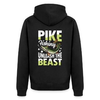 Pike Fishing Unleash the Beast für eine Anglerin - Unisex Premium Bio Zip Hoodie - Schwarz - Hinten - Nico (187cm)