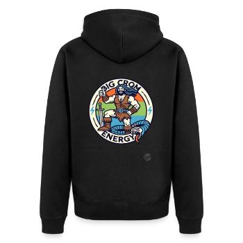 Daumen hoch vom Schwert-Barbar. Große Crom Energie - Unisex Premium Bio Zip Hoodie - Schwarz - Hinten - Nico (187cm)