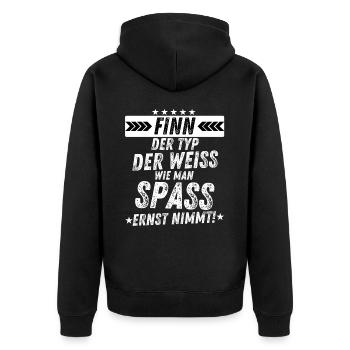 FINN der weiß wie man spaß ernst nimmt humor - Unisex Premium Bio Zip Hoodie - Schwarz - Hinten - Nico (187cm)