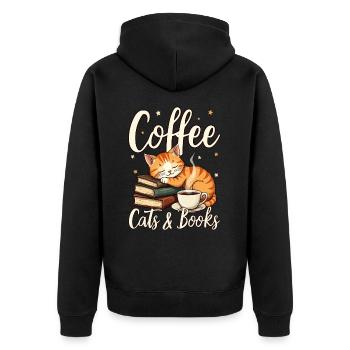 Kaffee, Katze, Buch, & Lesen, Kaffeeliebhaber - Unisex Premium Bio Zip Hoodie - Schwarz - Hinten - Nico (187cm)