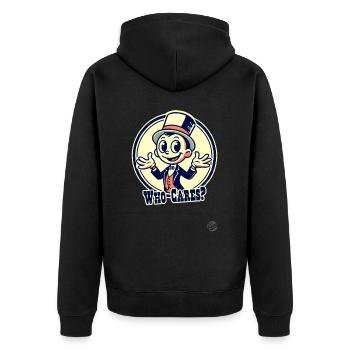 Retro cartoon man with hat: who cares? - Unisex Premium Organic Zip Hoodie - black - Back - Nico (187cm)