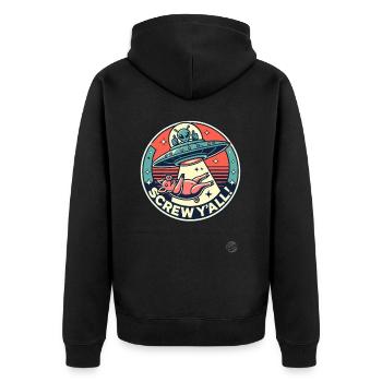 Alien-Entführung Schwein: Scheiß auf euch alle! - Unisex Premium Bio Zip Hoodie - Schwarz - Hinten - Nico (187cm)