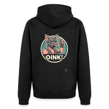 Schwein mit Maske: Daumen hoch und "Oink" - Unisex Premium Bio Zip Hoodie - Schwarz - Hinten - Nico (187cm)