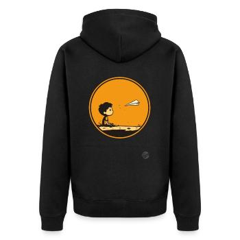 Der Junge und das Papierflugzeug - Unisex Premium Bio Zip Hoodie - Schwarz - Hinten - Nico (187cm)