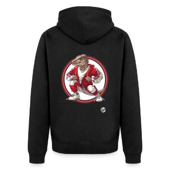 Cooler Sport-Mode Jogging-Anzug Dino - Unisex Premium Bio Zip Hoodie - Schwarz - Hinten - Nico (187cm)