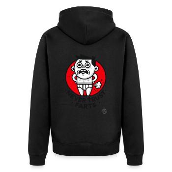 Traue niemals einem Furz - Unisex Premium Bio Zip Hoodie - Schwarz - Hinten - Nico (187cm)