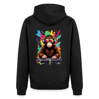Monkey en tant que DJ, platine, disco, disc-jockey, EDM, soirée - Veste à capuche bio Premium Unisexe - noir - Dos - Nico (187cm)