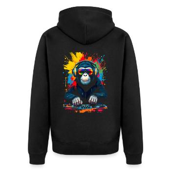 Monkey en tant que DJ, platine, disco, disc-jockey, EDM, soirée - Veste à capuche bio Premium Unisexe - noir - Dos - Nico (187cm)
