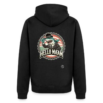 Der sanfte Hai: Hallo, gnädige Frau - Unisex Premium Bio Zip Hoodie - Schwarz - Hinten - Nico (187cm)