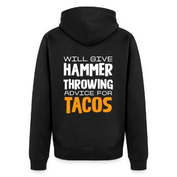 Hammerwerfen Tipps Gegen Tacos Humorvoll - Unisex Premium Bio Zip Hoodie - Schwarz - Hinten - Nico (187cm)