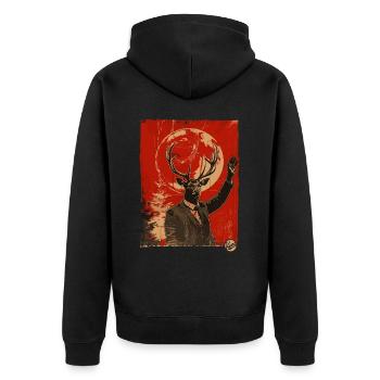 Propaganda Stil Hirsch - Unisex Premium Bio Zip Hoodie - Schwarz - Hinten - Nico (187cm)