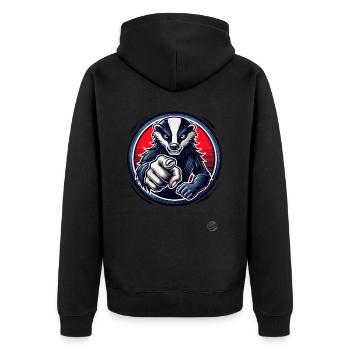 Anklagender Honig Dachs zeigt auf Dich Zeigefinger - Unisex Premium Bio Zip Hoodie - Schwarz - Hinten - Nico (187cm)