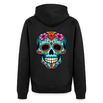 Herz und floraler Zuckerschädel – Festliches Kunstwerk - Unisex Premium Bio Zip Hoodie - Schwarz - Hinten - Nico (187cm)