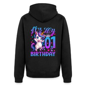 1. Geburtstag Einhorn Es ist mein 1. Geburtstag - Unisex Premium Bio Zip Hoodie - Schwarz - Hinten - Nico (187cm)