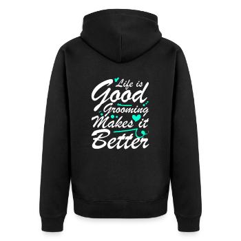 Das Leben Ist Gut Pflegen Macht Es Besser - Unisex Premium Bio Zip Hoodie - Schwarz - Hinten - Nico (187cm)
