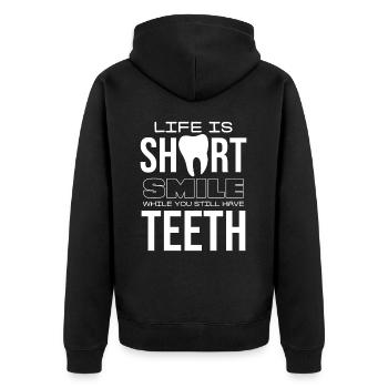 Leben Ist Kurz Lächle Solange Du Noch Zähne Hast - Unisex Premium Bio Zip Hoodie - Schwarz - Hinten - Nico (187cm)