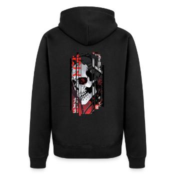 Cyborg schwarzer Kanji-Schädel - Unisex Premium Bio Zip Hoodie - Schwarz - Hinten - Nico (187cm)