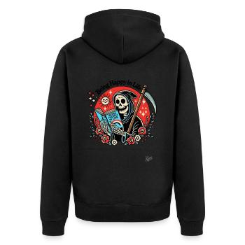 Grim Reaper with book "Being Happy in Life" - Unisex Premium Organic Zip Hoodie - black - Back - Nico (187cm)