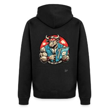 Bodybuilder Taurus Reads Book: You're Soft, Man - Unisex Premium Organic Zip Hoodie - black - Back - Nico (187cm)
