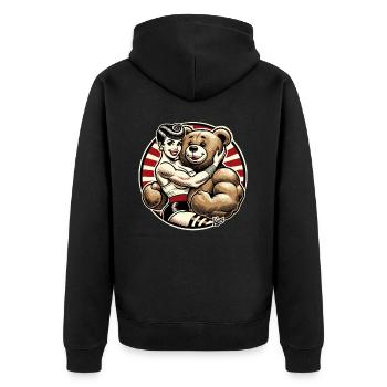 Retro beauty lady with strong stuffed animal bear - Unisex Premium Organic Zip Hoodie - black - Back - Nico (187cm)