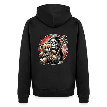 Crying Grim Reaper cuddling a stuffed animal - Unisex Premium Organic Zip Hoodie - black - Back - Nico (187cm)