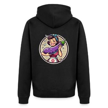 Housewife shyly holding a large eggplant - Unisex Premium Organic Zip Hoodie - black - Back - Nico (187cm)