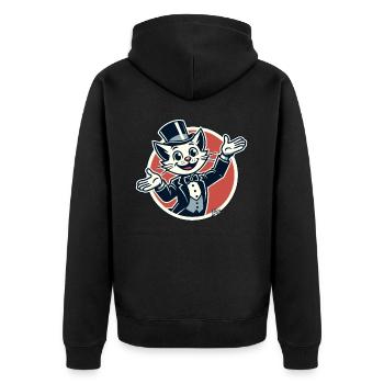 Fröhliche Katze im Smoking und Hut - Unisex Premium Bio Zip Hoodie - Schwarz - Hinten - Nico (187cm)