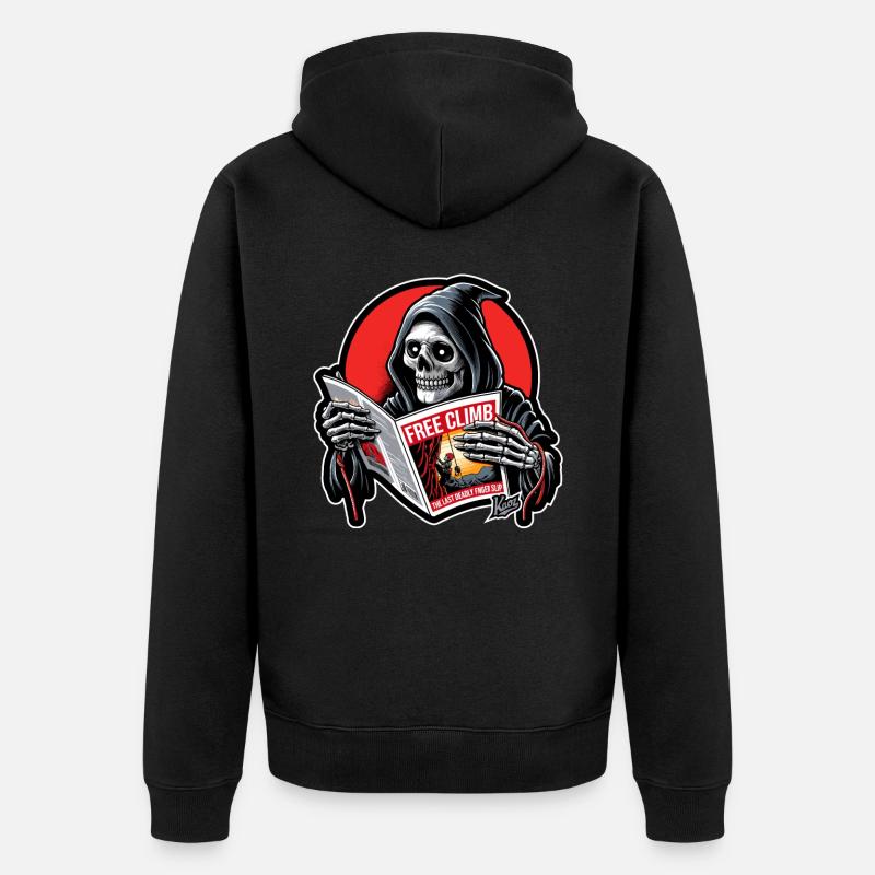 Sensenmann liest Heft über das Klettern - Unisex Premium Bio Zip Hoodie - Schwarz