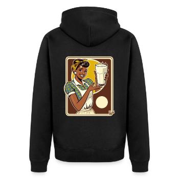 Femme au foyer africaine présentant du bon lait - Veste à capuche bio Premium Unisexe - noir - Dos - Nico (187cm)