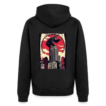 Funny chimpanzee climbs skyscraper - Unisex Premium Organic Zip Hoodie - black - Back - Nico (187cm)