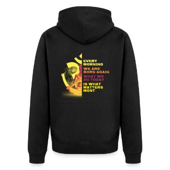 Jeden Morgen Werden Wir Neu Geboren Meditation - Unisex Premium Bio Zip Hoodie - Schwarz - Hinten - Nico (187cm)