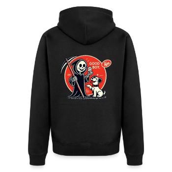 Sensenmann spielt mit Hund: Guter Junge - Unisex Premium Bio Zip Hoodie - Schwarz - Hinten - Nico (187cm)