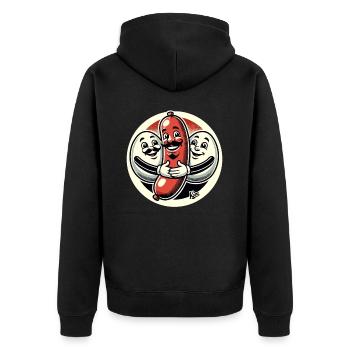 Bratwurst-Wurst umarmt von zwei Eiern - Unisex Premium Bio Zip Hoodie - Schwarz - Hinten - Nico (187cm)